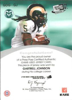 2009 Press Pass SE - Game Day Gear Jerseys Silver #GDG-GJ Gartrell Johnson Back