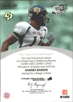 2009 Press Pass SE - Game Day Gear Jerseys Silver #GDG-RB Ramses Barden Back