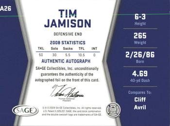 2009 SAGE HIT - Autographs #A26 Tim Jamison Back