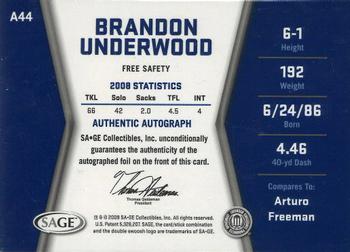 2009 SAGE HIT - Autographs #A44 Brandon Underwood Back