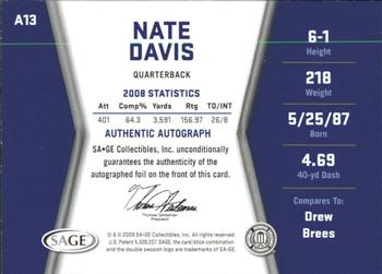 2009 SAGE HIT - Autographs Gold #A13 Nate Davis Back