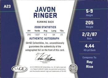 2009 SAGE HIT - Autographs Gold #A23 Javon Ringer Back