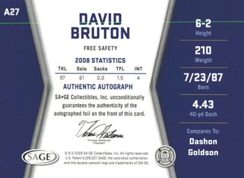 2009 SAGE HIT - Autographs Gold #A27 David Bruton Back