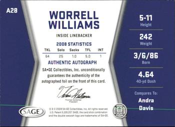 2009 SAGE HIT - Autographs Gold #A28 Worrell Williams Back