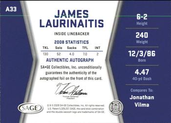 2009 SAGE HIT - Autographs Gold #A33 James Laurinaitis Back