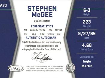 2009 SAGE HIT - Autographs Gold #A70 Stephen McGee Back