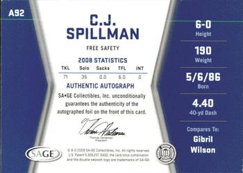 2009 SAGE HIT - Autographs Gold #A92 C.J. Spillman Back