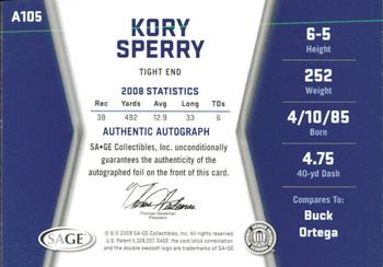 2009 SAGE HIT - Autographs Gold #A105 Kory Sperry Back
