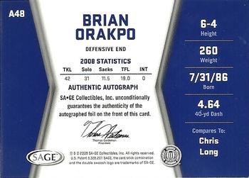 2009 SAGE HIT - Autographs Silver #A48 Brian Orakpo Back