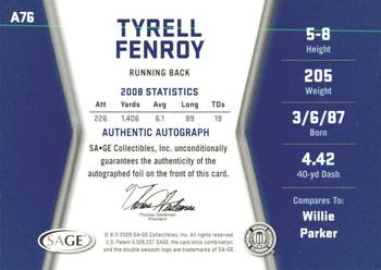 2009 SAGE HIT - Autographs Silver #A76 Tyrell Fenroy Back