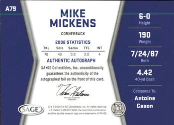 2009 SAGE HIT - Autographs Silver #A79 Mike Mickens Back