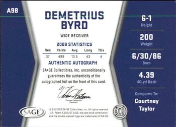 2009 SAGE HIT - Autographs Silver #A98 Demetrius Byrd Back