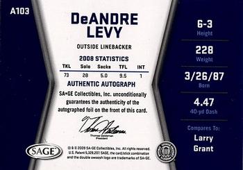2009 SAGE HIT - Autographs Silver #A103 DeAndre Levy Back