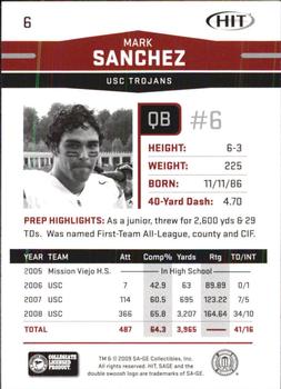 2009 SAGE HIT - Glossy #6 Mark Sanchez Back