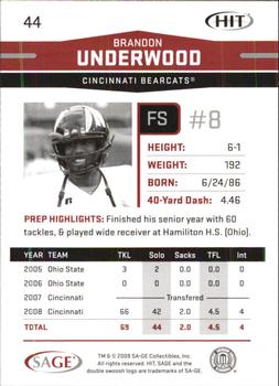 2009 SAGE HIT - Glossy #44 Brandon Underwood Back