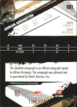 2009 Score Inscriptions - Autographs #181 Adrian Arrington Back