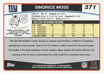 2006 Topps #371 Sinorice Moss Back