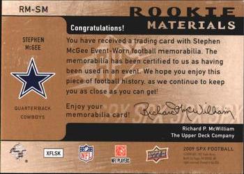 2009 SPx - Rookie Materials Jersey Gold #RM-SM Stephen McGee Back
