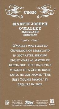 2009 Topps Mayo - United States Governors #USG20 Martin Joseph O'Malley Back