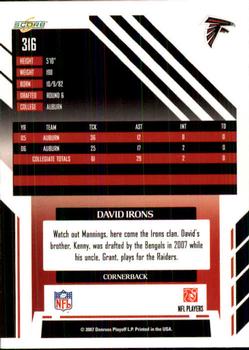 2007 Score #316 David Irons Back