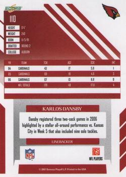 2007 Score Select #110 Karlos Dansby Back