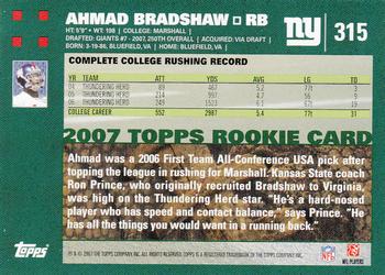 2007 Topps #315 Ahmad Bradshaw Back