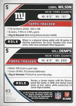2007 Topps Total #63 Will Demps / Gibril Wilson Back