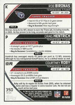2007 Topps Total #350 Rob Bironas / Craig Hentrich / Courtney Roby Back
