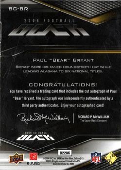 2009 UD Black - Black Cut Signatures #BC-BR Paul Bear Bryant Back