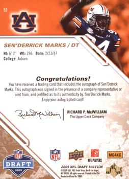 2009 Upper Deck Draft Edition - Autographs Copper #53 Sen'Derrick Marks Back