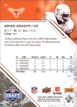 2009 Upper Deck Draft Edition - Brown #103 Brian Orakpo Back