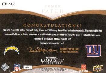 2009 Upper Deck Exquisite Collection - Patch Combos Gold #CP-MR Eli Manning / Philip Rivers Back