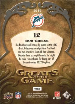 2009 Upper Deck Icons - Greats of the Game Silver #GG-BG Bob Griese Back