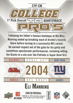 2009 Upper Deck Rookie Exclusives - College to Pros #CTP-EM Eli Manning Back