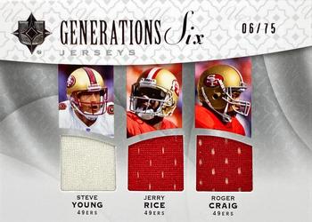 2009 Upper Deck Ultimate Collection - Generations Six Jerseys #G6J-18 Roger Craig / Steve Young / Jerry Rice / Michael Crabtree / Glen Coffee / Nate Davis Front