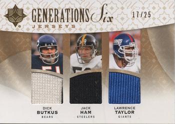 2009 Upper Deck Ultimate Collection - Generations Six Jerseys Gold #G6J-5 Aaron Curry / Dick Butkus / Jack Ham / Lawrence Taylor / Patrick Willis / Ray Lewis Front