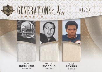 2009 Upper Deck Ultimate Collection - Generations Six Jerseys Gold #G6J-34 Barry Sanders / Brian Piccolo / Earl Campbell / Emmitt Smith / Gale Sayers / Paul Hornung Front