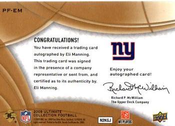 2009 Upper Deck Ultimate Collection - Ultimate Personal Touch Favorite Food #PF-EM Eli Manning Back