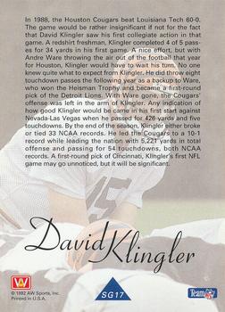 1992 All World - Greats/Rookies #SG17 David Klingler Back