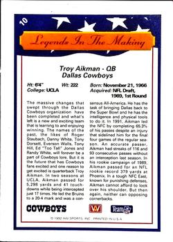 1992 All World - Legends/Rookies #L-10 Troy Aikman Back