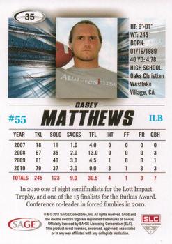 2011 SAGE HIT #35 Casey Matthews Back