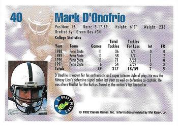 1992 Classic Draft Picks - Gold #40 Mark D'Onofrio Back