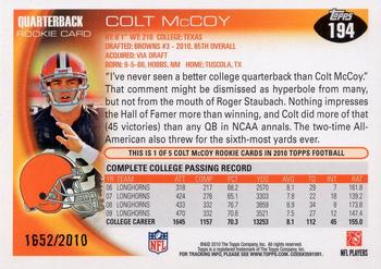 2010 Topps - Gold #194 Colt McCoy Back