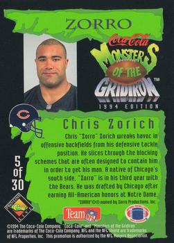 1994 Coca-Cola Monsters of the Gridiron #5 Chris Zorich Back