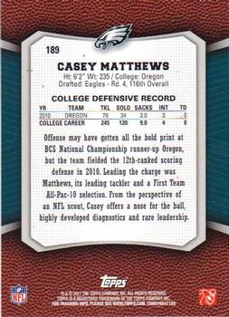 2011 Topps Rising Rookies #189 Casey Matthews Back