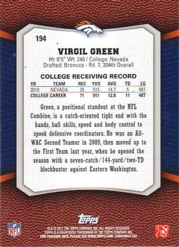 2011 Topps Rising Rookies #194 Virgil Green Back