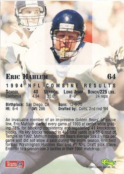 1994 Classic NFL Draft - Gold #64 Eric Mahlum Back