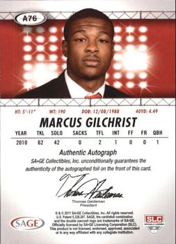 2011 SAGE HIT - Autographs #A76 Marcus Gilchrist Back