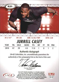 2011 SAGE HIT - Autographs Gold #31 Jurrell Casey Back