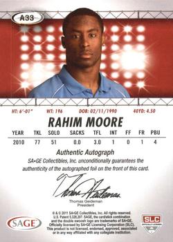 2011 SAGE HIT - Autographs Gold #33 Rahim Moore Back